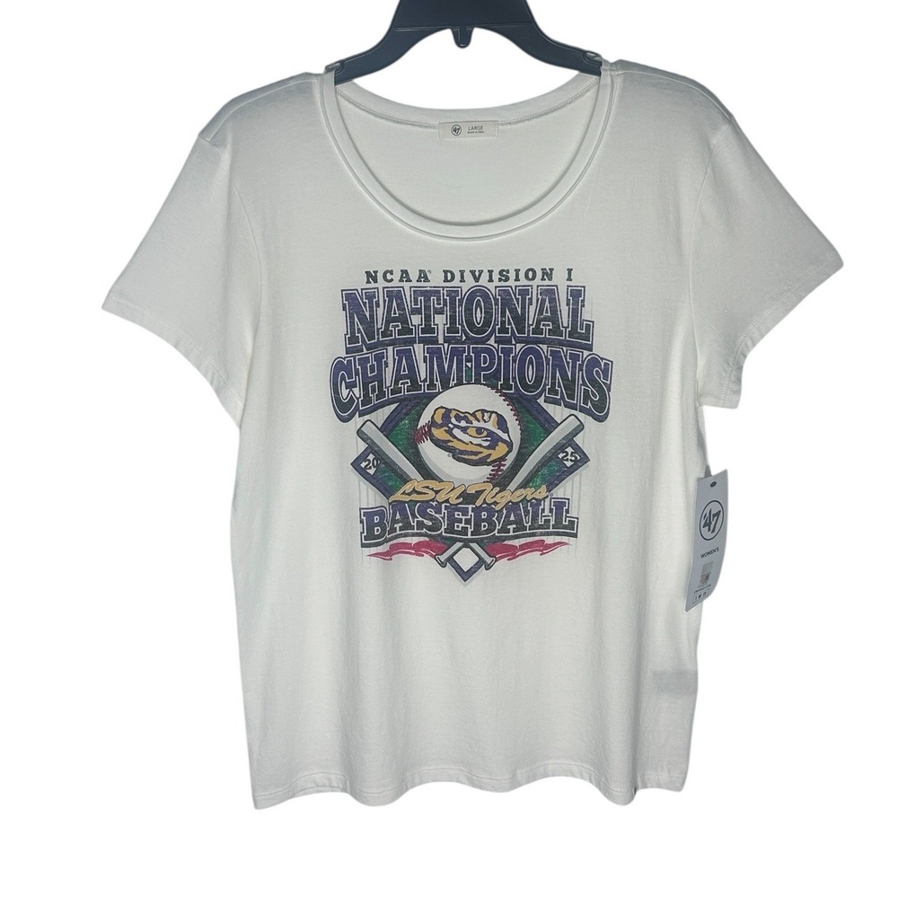 47 Brand LSU Tigers Baseball 2023 National Champions Womens T-Shirt White Large